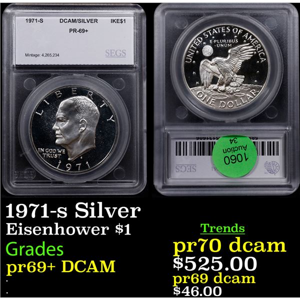 Proof 1971-s Silver Eisenhower Dollar $1 Graded pr69+ DCAM By SEGS