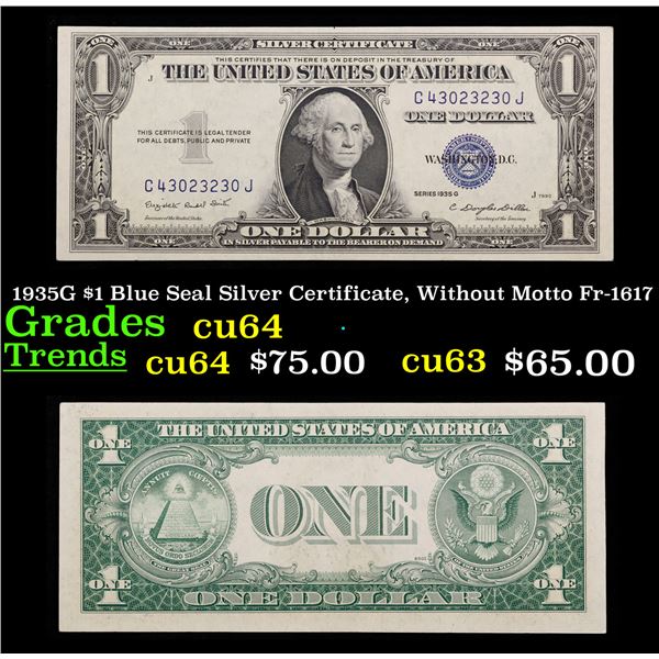 1935G $1 Blue Seal Silver Certificate, Without Motto Fr-1617 Grades Choice CU