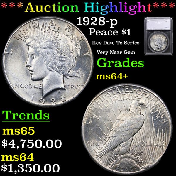 ***Auction Highlight*** 1928-p Peace Dollar $1 Graded ms64+ By SEGS (fc)