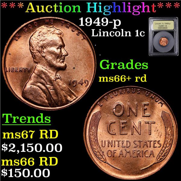 ***Auction Highlight*** 1949-p Lincoln Cent 1c Graded GEM++ RD By USCG (fc)