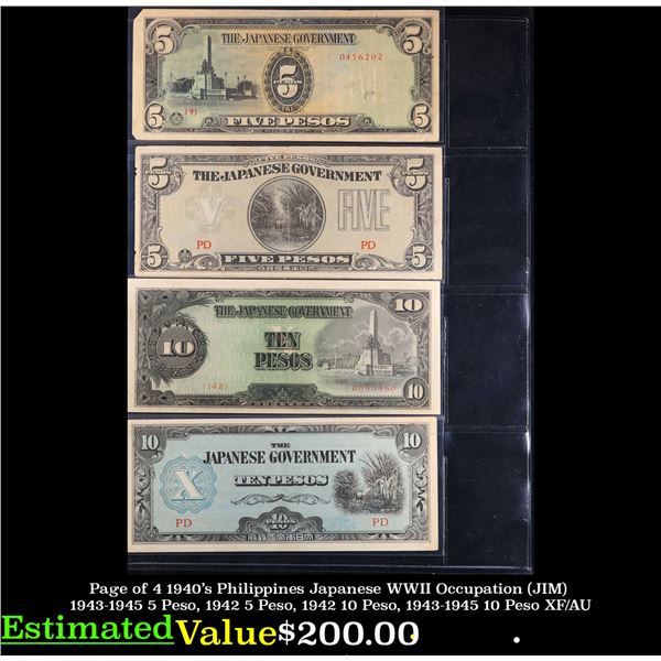 Page of 4 1940's Philippines Japanese WWII Occupation (JIM) 1943-1945 5 Peso, 1942 5 Peso, 1942 10 P