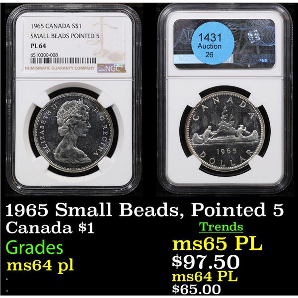 NGC 1965 Small Beads, Pointed 5 Canada Dollar $1 Graded ms64 pl By NGC