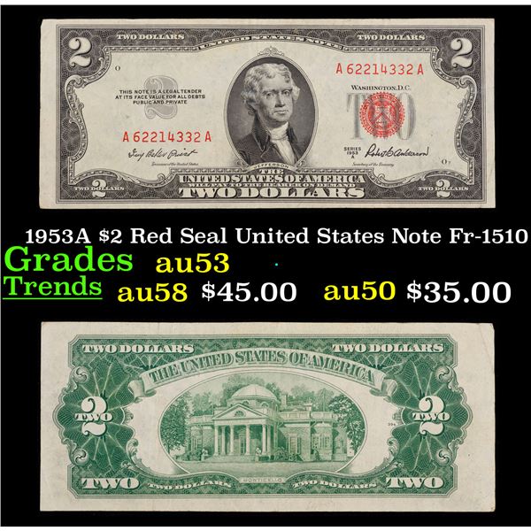 1953A $2 Red Seal United States Note Fr-1510 Grades Select AU