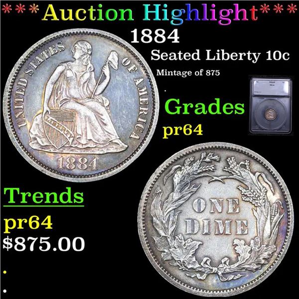 Proof ***Auction Highlight*** 1884 Seated Liberty Dime 10c Graded pr64 By SEGS (fc)