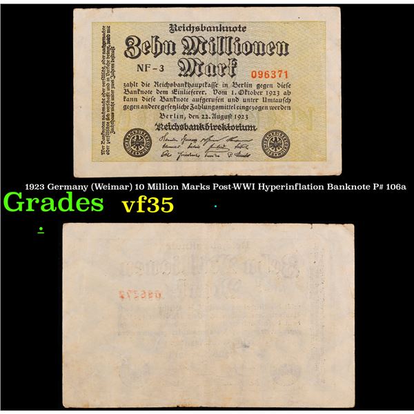 1923 Germany (Weimar) 10 Million Marks Post-WWI Hyperinflation Banknote P# 106a Grades vf++