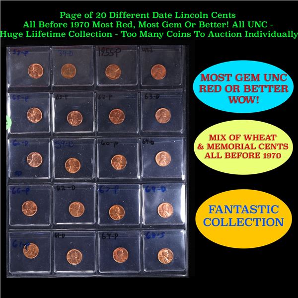 Page of 20 Different Date Lincoln Cents All Before 1970 Most Red, Most Gem Or Better! All UNC - Huge