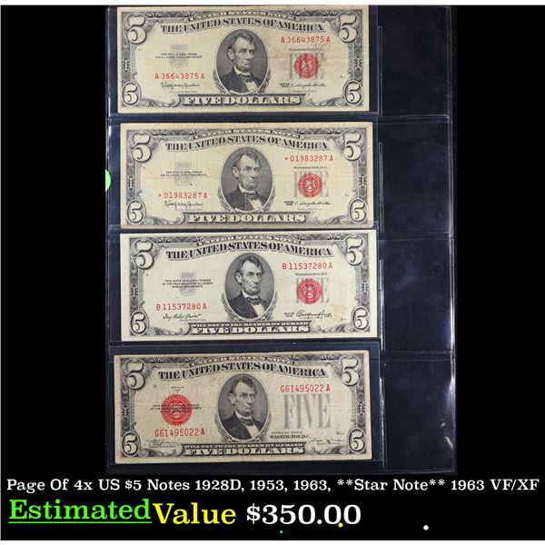 Page Of 4x US $5 Notes 1928D, 1953, 1963, **Star Note** 1963 VF/XF