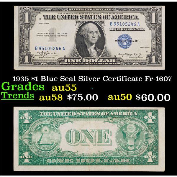 1935 $1 Blue Seal Silver Certificate Fr-1607 Grades Choice AU