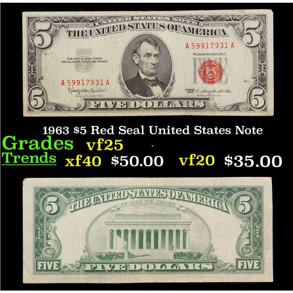 1963 $5 Red Seal United States Note Grades vf+