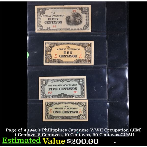 Page of 4 1940's Philippines Japanese WWII Occupation (JIM) 1 Centavo, 5 Centavos, 10 Centavos, 50 C