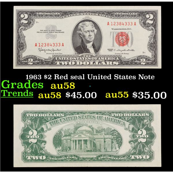 1963 $2 Red seal United States Note Grades Choice AU/BU Slider