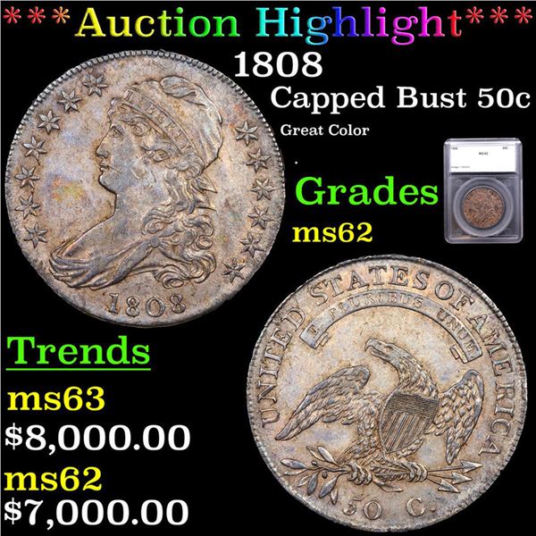 ***Auction Highlight*** 1808 Capped Bust Half Dollar 50c Graded ms62 BY SEGS (fc)
