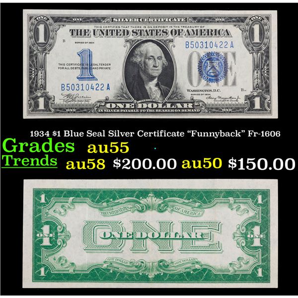 1934 $1 Blue Seal Silver Certificate "Funnyback" Fr-1606 Grades Choice AU