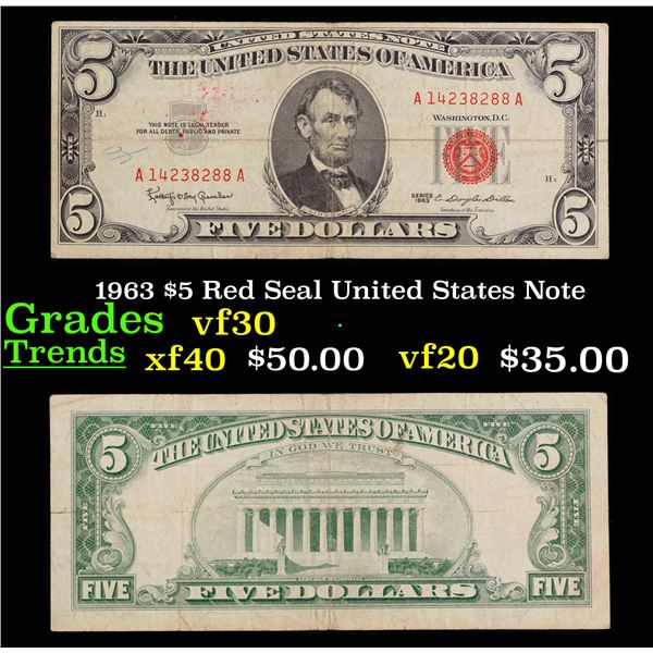 1963 $5 Red Seal United States Note Grades vf++
