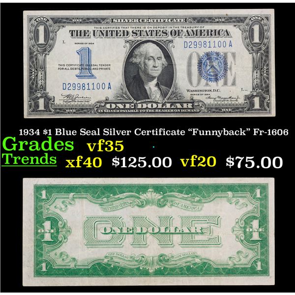 1934 $1 Blue Seal Silver Certificate "Funnyback" Fr-1606 Grades vf++