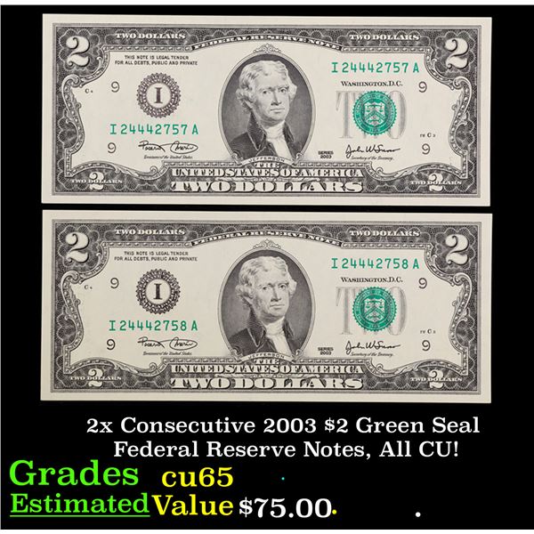2x Consecutive 2003 $2 Green Seal Federal Reserve Notes, All CU! Grades Gem CU