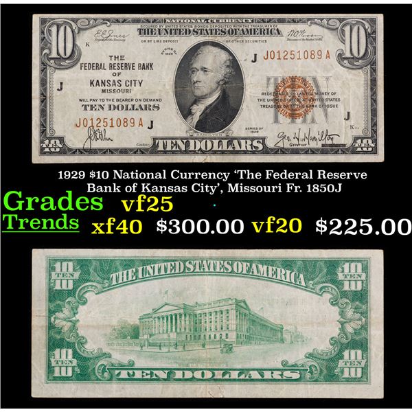 1929 $10 National Currency 'The Federal Reserve Bank of Kansas City', Missouri Fr. 1850J Grades vf+
