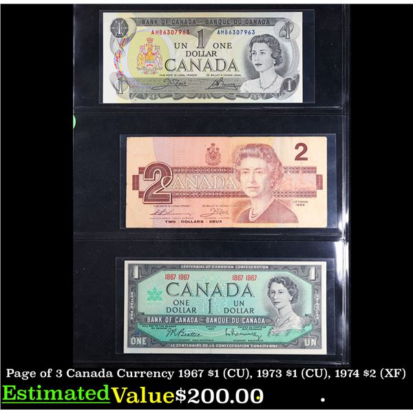 Page of 3 Canada Currency 1967 $1 (CU), 1973 $1 (CU), 1974 $2 (XF)