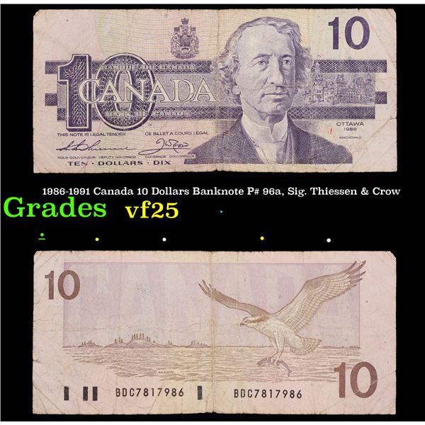 1986-1991 Canada 10 Dollars Banknote P# 96a, Sig. Thiessen & Crow Grades vf+