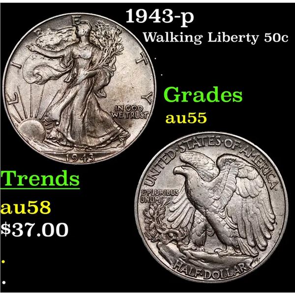 1943-p Walking Liberty Half Dollar 50c Grades Choice AU