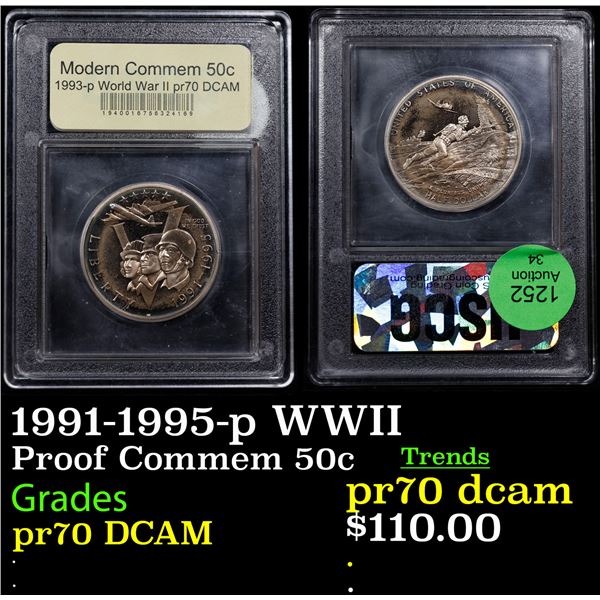 Proof 1991-1995-p WWII Modern Commem Half Dollar 50c Graded GEM++ Proof Deep Cameo By USCG