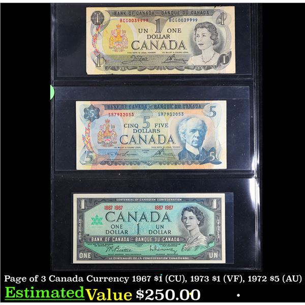 Page of 3 Canada Currency 1967 $1 (CU), 1973 $1 (VF), 1972 $5 (AU)