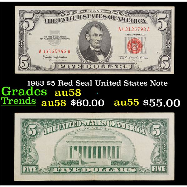 1963 $5 Red Seal United States Note Grades Choice AU/BU Slider