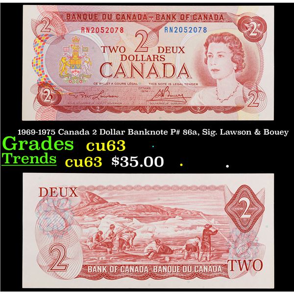 1969-1975 Canada 2 Dollar Banknote P# 86a, Sig. Lawson & Bouey Grades Select CU