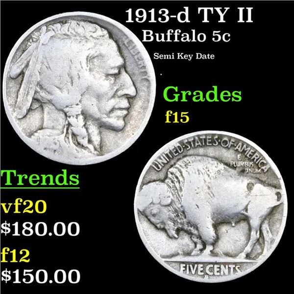 1913-d TY II Buffalo Nickel 5c Grades f+