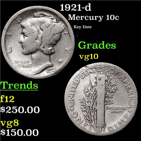 1921-d Mercury Dime 10c Grades vg+