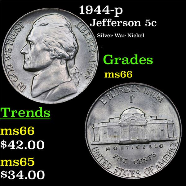 1944-p Jefferson Nickel 5c Grades GEM+ Unc