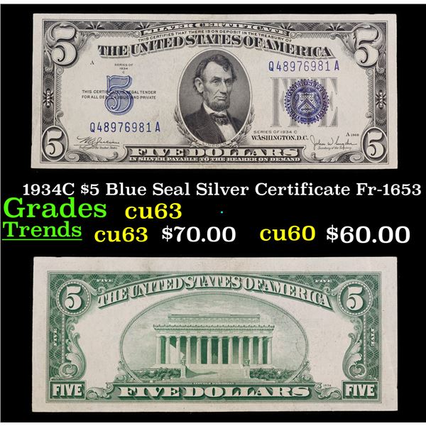 1934C $5 Blue Seal Silver Certificate Fr-1653 Grades Select CU