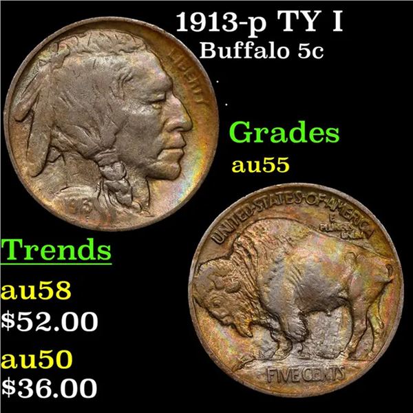 1913-p TY I Buffalo Nickel 5c Grades Choice AU
