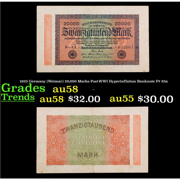 1923 Germany (Weimar) 20,000 Marks Post-WWI Hyperinflation Banknote P# 85a Grades Choice AU/BU Slide