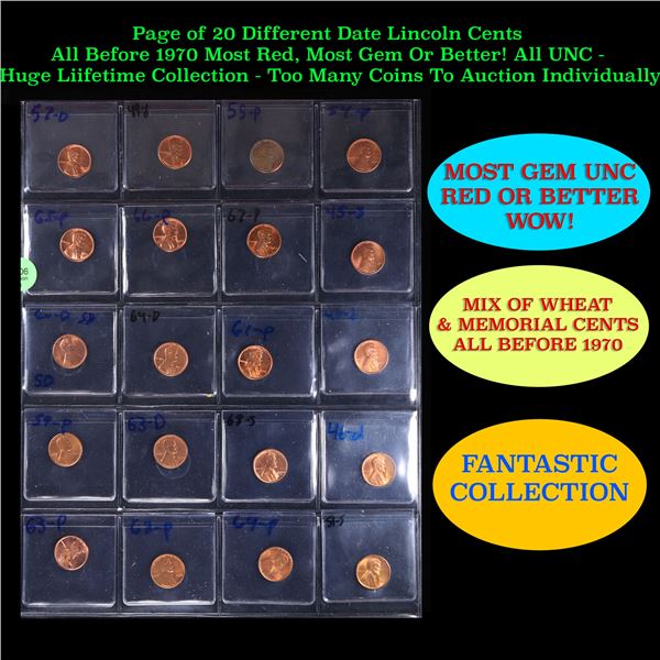 Page of 20 Different Date Lincoln Cents All Before 1970 Most Red, Most Gem Or Better! All UNC - Huge