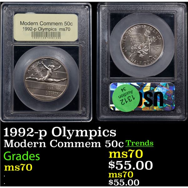 1992-p Olympics Modern Commem Half Dollar 50c Graded ms70, Perfection By USCG