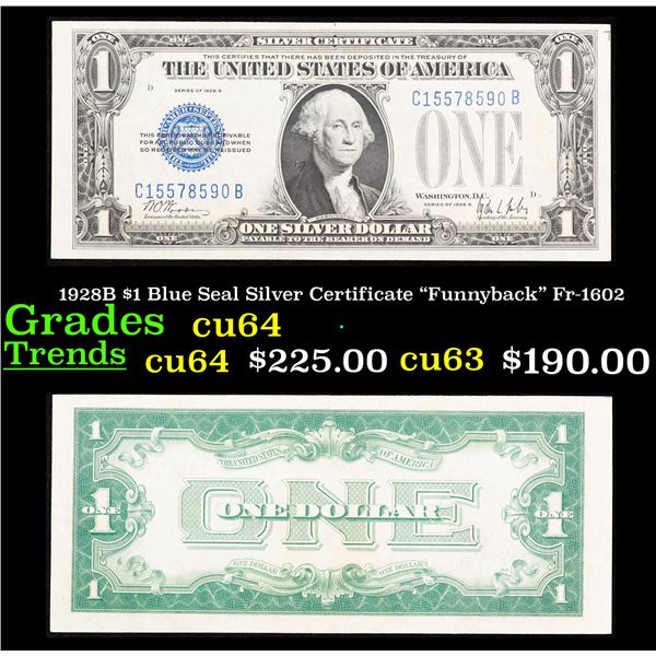 1928B $1 Blue Seal Silver Certificate "Funnyback" Fr-1602 Grades Choice CU