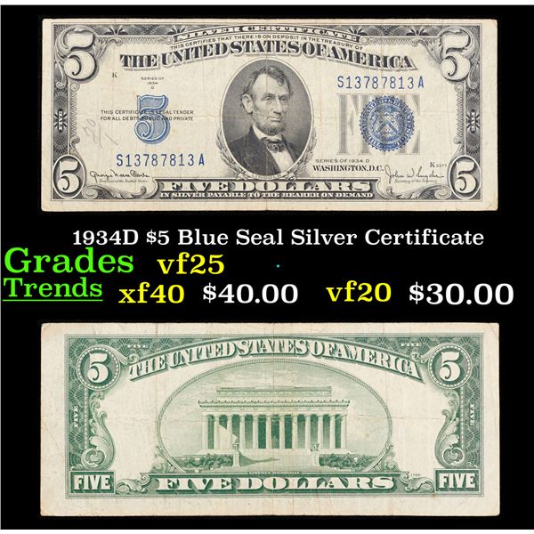 1934D $5 Blue Seal Silver Certificate Grades vf+