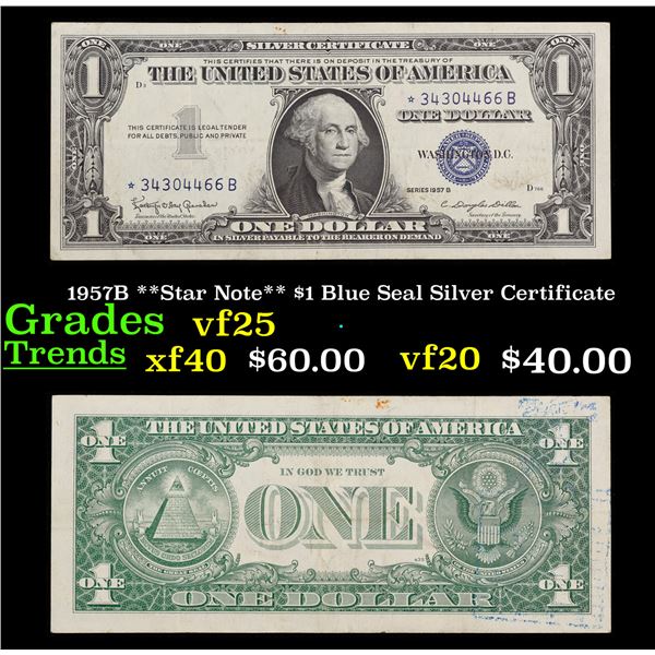 1957B **Star Note** $1 Blue Seal Silver Certificate  Grades vf+