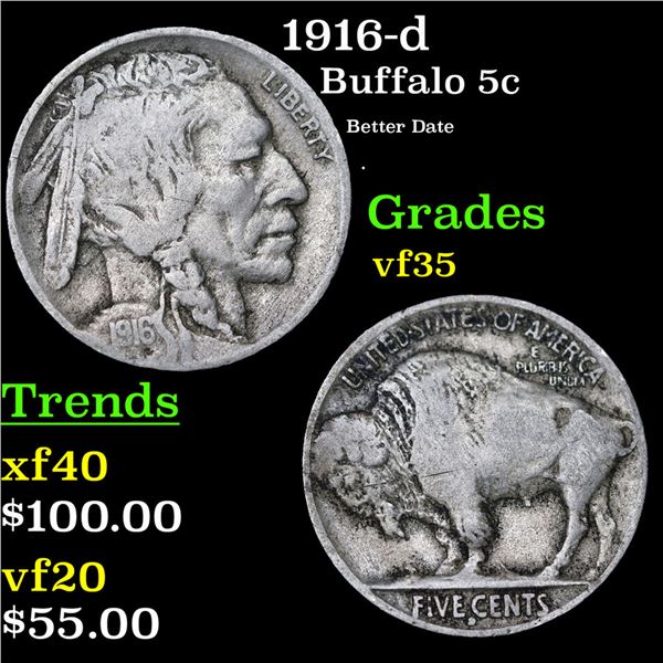 1916-d Buffalo Nickel 5c Grades vf++