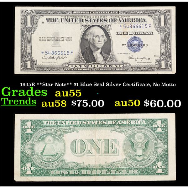 1935E **Star Note** $1 Blue Seal Silver Certificate, No Motto Grades Choice AU