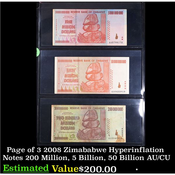 Page of 3 2008 Zimababwe Hyperinflation Notes 200 Million, 5 Billion, 50 Billion AU/CU
