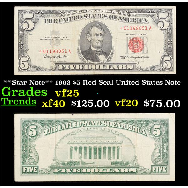 1963 $5 Red Seal United States Note Grades vf+