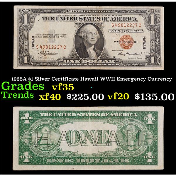 1935A $1 Silver Certificate Hawaii WWII Emergency Currency Grades vf++