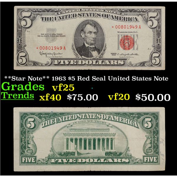 1963 $5 Red Seal United States Note Grades vf+