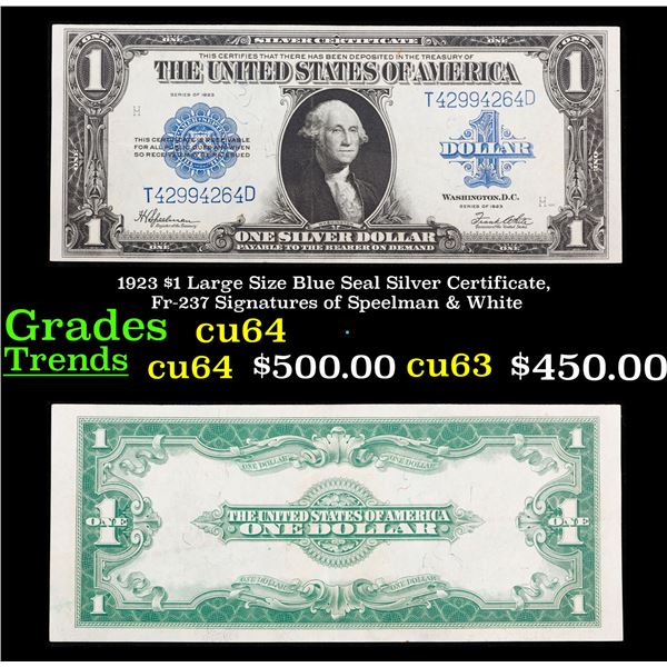 1923 $1 Large Size Blue Seal Silver Certificate, Fr-237 Signatures of Speelman & White Grades Choice