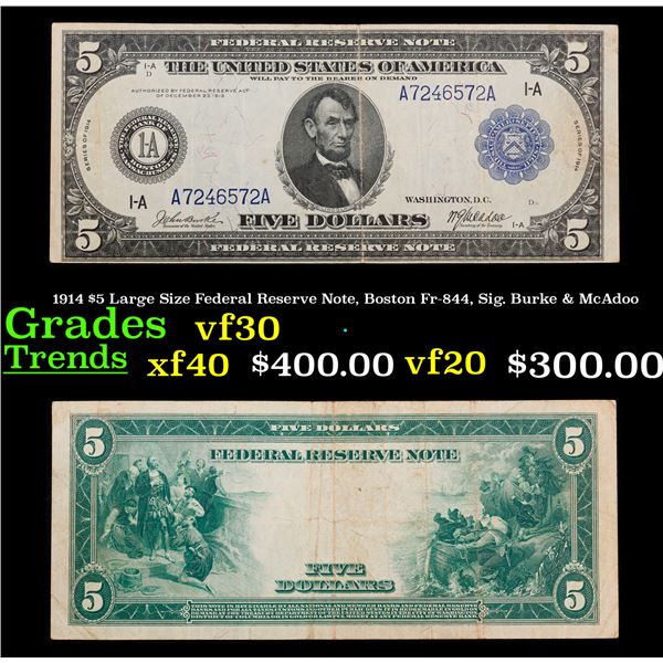 1914 $5 Large Size Federal Reserve Note, Boston Fr-844, Sig. Burke & McAdoo Grades vf++