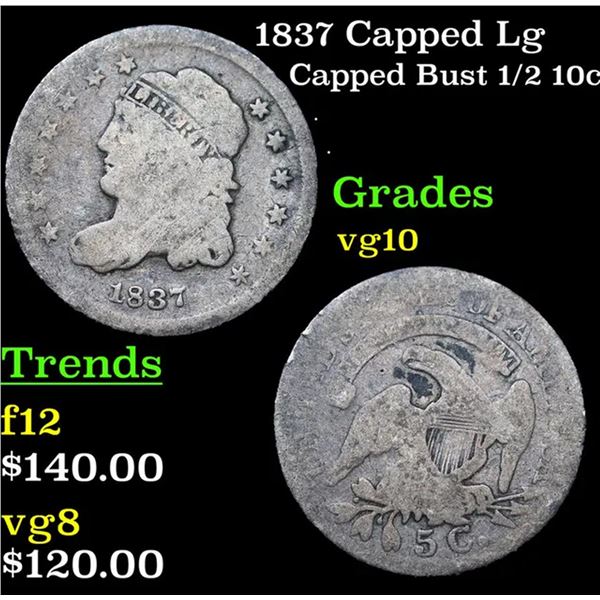 1837 Capped Lg Capped Bust Half Dime 1/2 10c Grades vg+