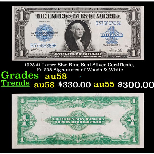 1923 $1 Large Size Blue Seal Silver Certificate, Fr-238 Signatures of Woods & White Grades Choice AU