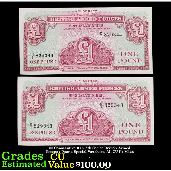 2x Consecutive 1962 4th Series British Armed Forces 1 Pound Special Vouchers, All CU P# M36a Grades 